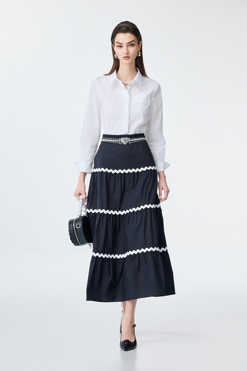 Contrast Trim Detail Tiered Skirt,Black skirts