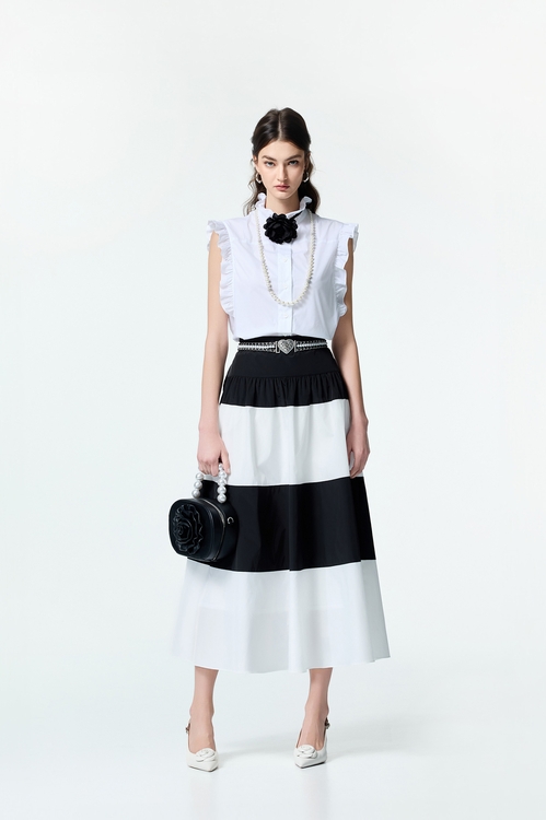 Black White Contrast Taffeta Skirt,White skirts