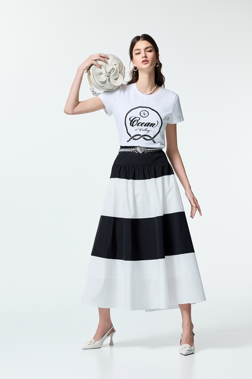 Black White Contrast Taffeta Skirt,White skirts
