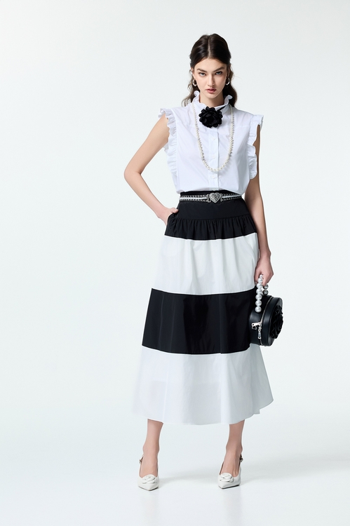 Black White Contrast Taffeta Skirt,White skirts