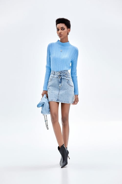 Double Waistband Denim Skirt,Denim skirts