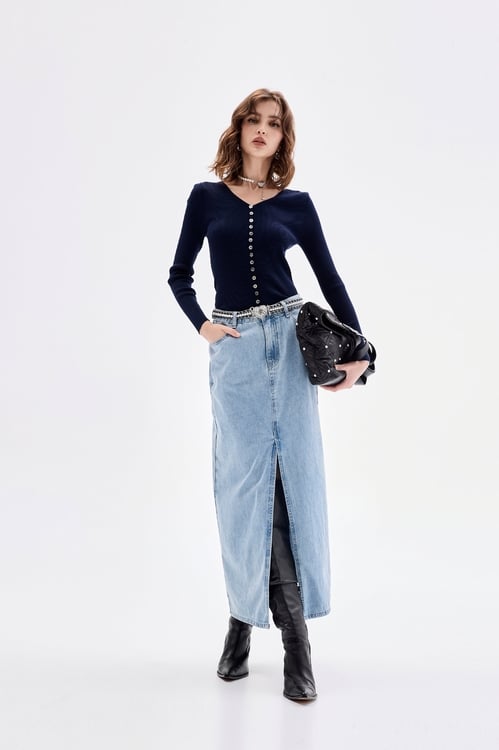 Front Slit Maxi Denim Skirt,Denim,Denim