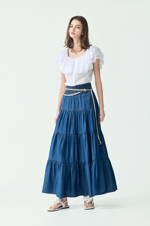 Soft Denim Tiered Maxi Skirt,Season (SS) Look