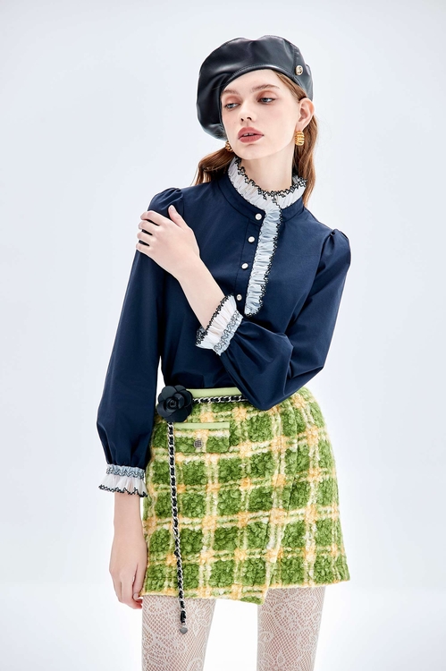 Green Checkered  Front Panel Skirt,Pencil skirts