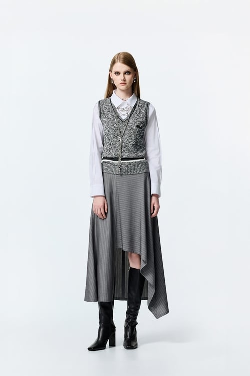 Pinstripe Asymmetric Long Skirt,Stripe