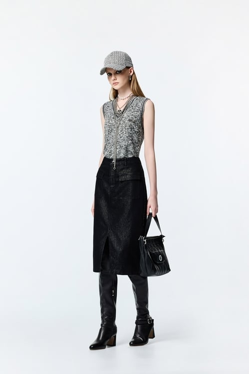 Metallic Sheen Denim skirt,Denim,Denim