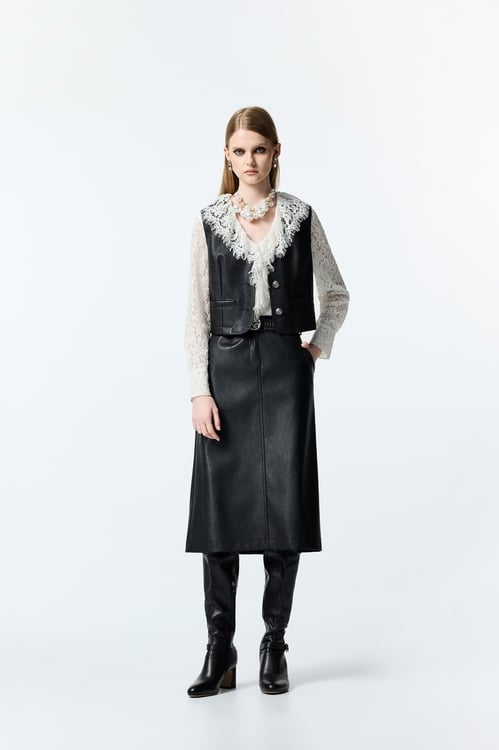 PU A-line Skirt,Leather,Leather