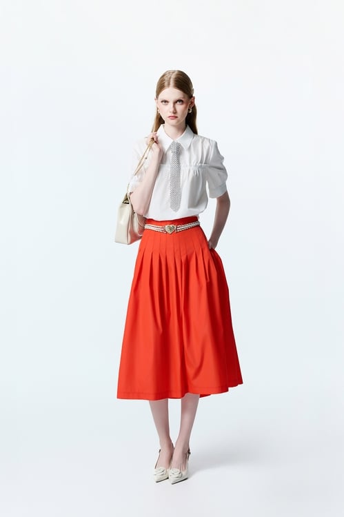 Reddish Orange Pleated Skirt,Midi skirts