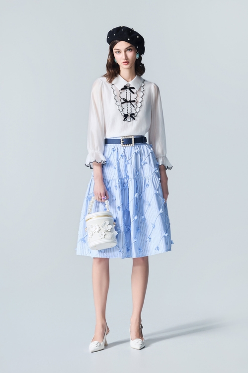 Ice Blue Stripe 3-D Floral Midi Skirt,Plaid