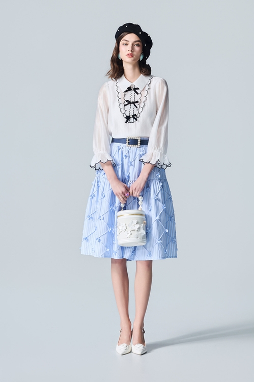 Ice Blue Stripe 3-D Floral Midi Skirt,Plaid