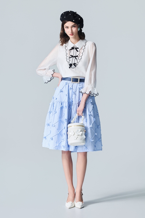 Ice Blue Stripe 3-D Floral Midi Skirt,Plaid
