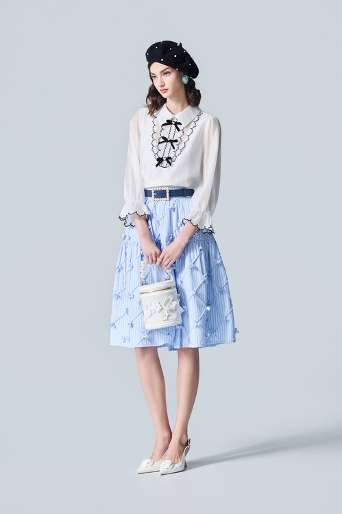 Ice Blue Stripe 3-D Floral Midi Skirt,Plaid