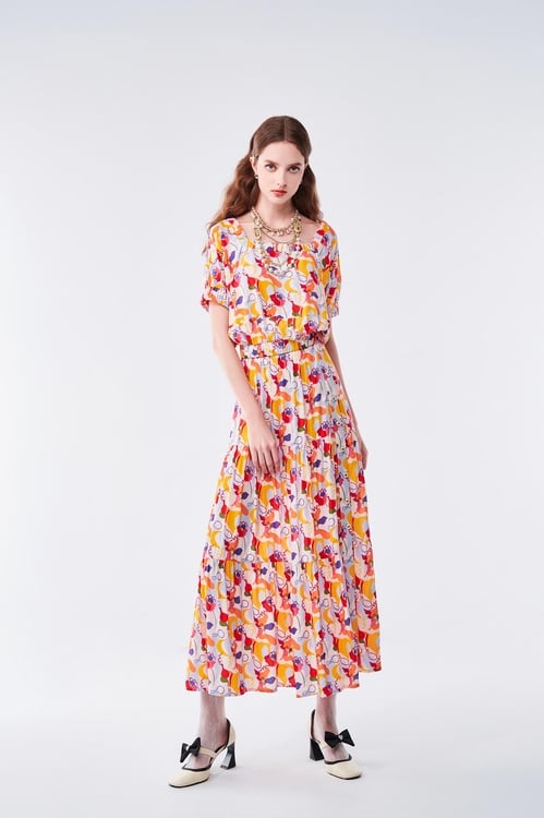 Bold Floral Print Maxi Skirt,Layered skirts