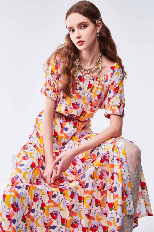 Bold Floral Print Maxi Skirt,Layered skirts