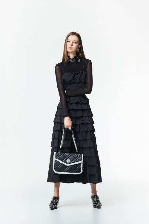 Jet Black Ruffle Tiered Maxi Skirt,bestselling