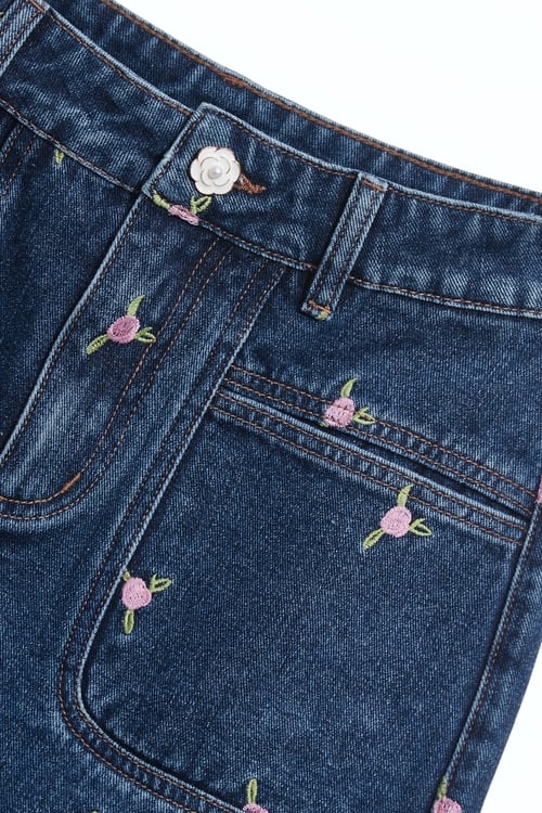 Rose Embroidery Denim Pencil Skirt,Embroidered,Embroidered