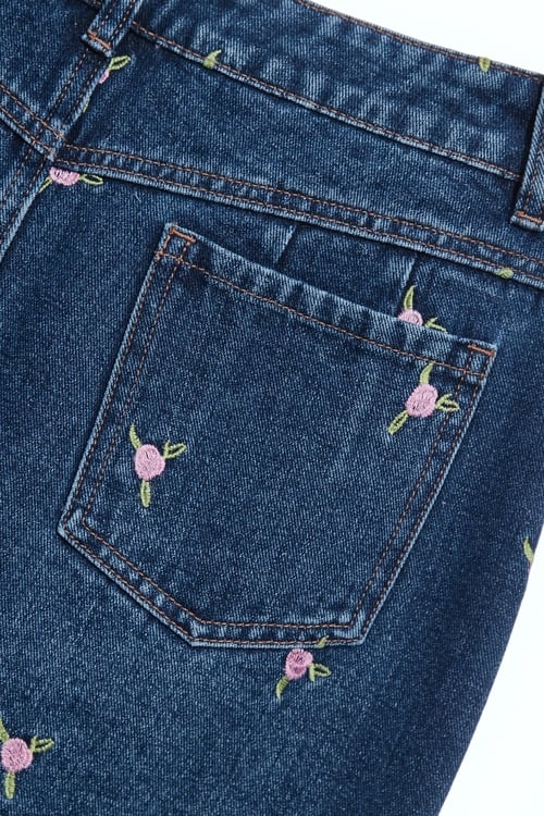 Rose Embroidery Denim Pencil Skirt,Embroidered,Embroidered