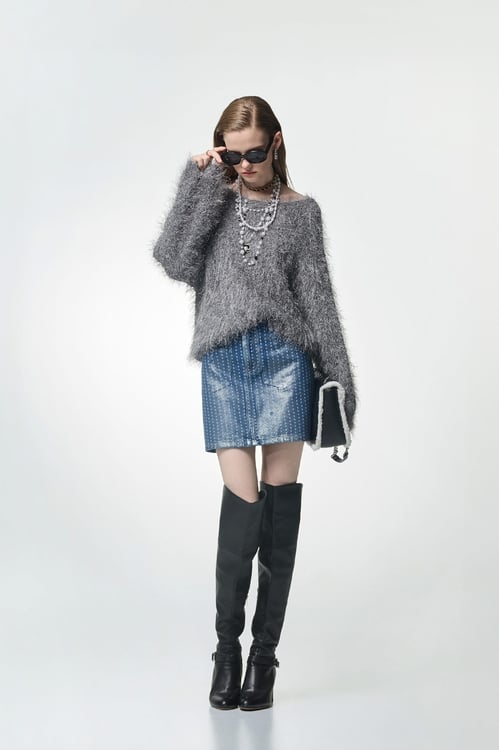 Metallic Sheen Dotted Denim Skirt,Mini skirts