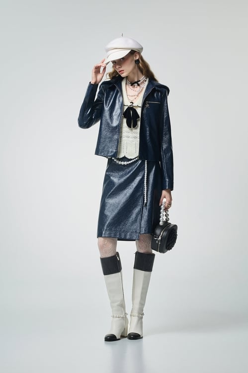 Metallic Sheen Navy PU Skirt,A-Line skirts