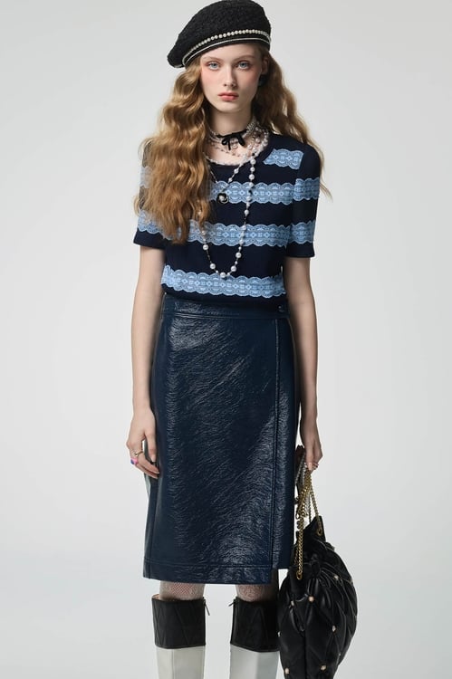 Metallic Sheen Navy PU Skirt,A-Line skirts