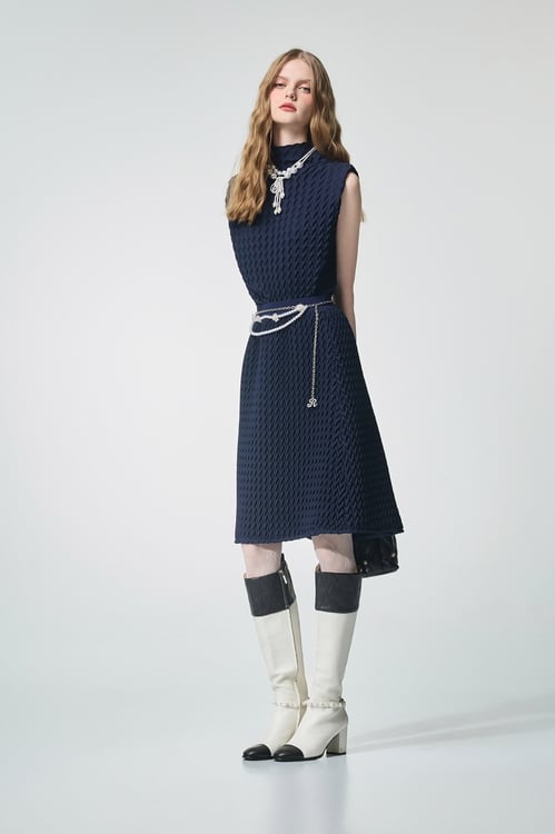 Navy A-line Texture Pleats Skirt,,Navy A-line Texture Pleats Skirt,Season (AW) Look,Knitted,A-Line skirts,Season (AW) Look