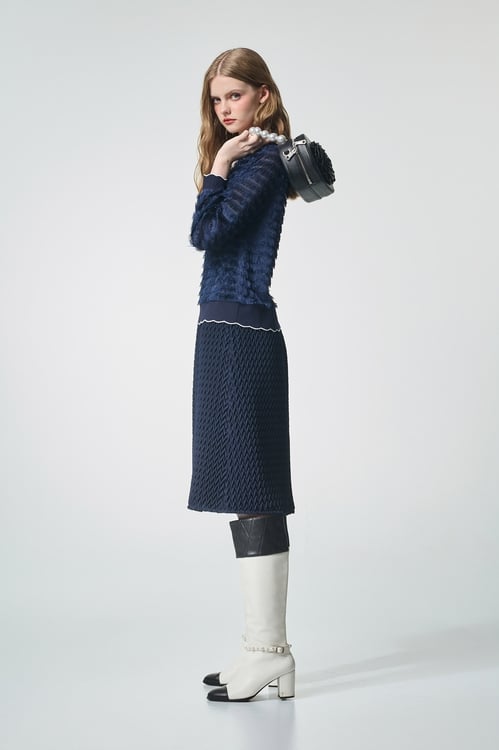 Navy A-line Texture Pleats Skirt,,Navy A-line Texture Pleats Skirt,Season (AW) Look,Knitted,A-Line skirts,Season (AW) Look