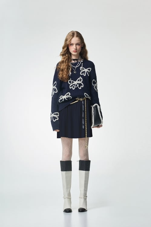 Navy Pleated Knit Skirt,,Navy Pleated Knit Skirt,Season (AW) Look,Knitted