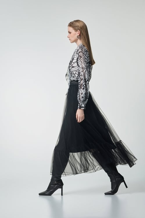 Jet Black Maxi Mesh Skirt,Office Looks