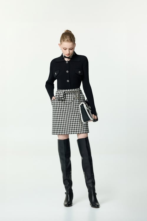 Houndstooth Mini Pouch Short Skirt,Leather,Leather