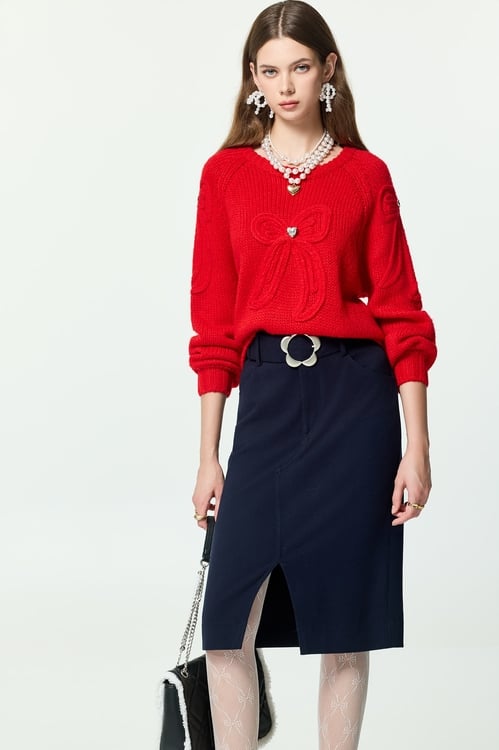 Front Slit Navy Corduroy Skirt,Season (AW) Look