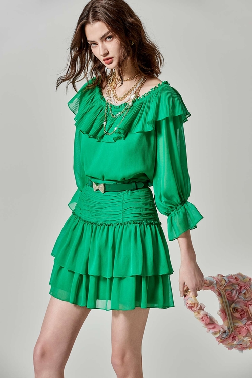 Irregular Pleated Chiffon Tiered Skirt,Mini skirts
