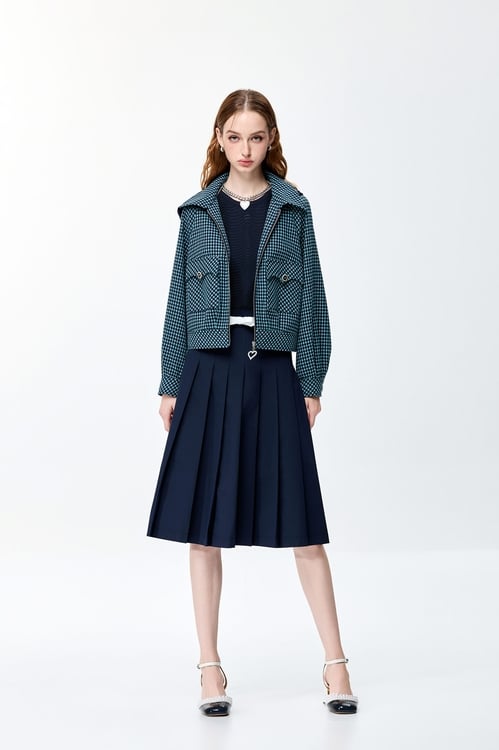 Navy Pleated Midi Skirt,Pleated skirts