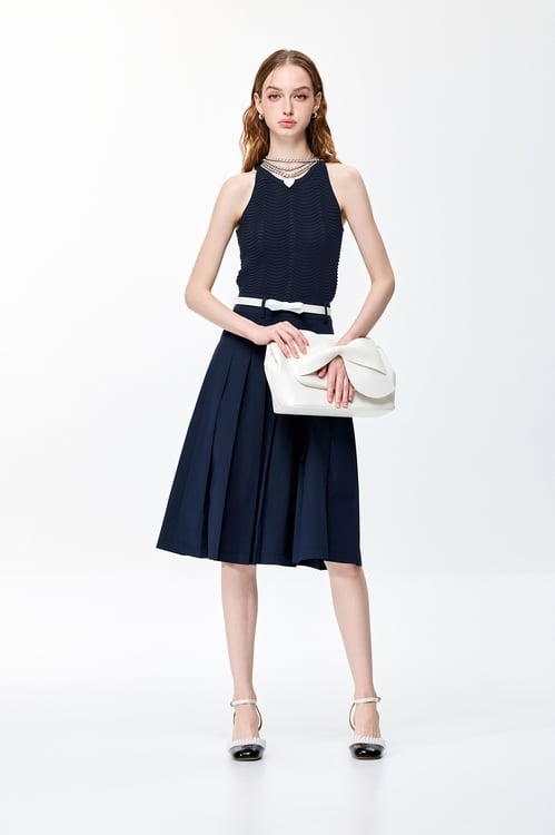 Navy Pleated Midi Skirt,Pleated skirts