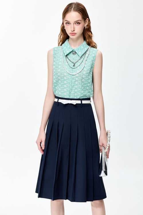 Navy Pleated Midi Skirt,Pleated skirts