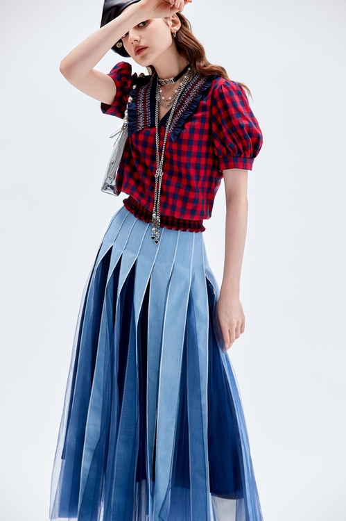 Denim With Mesh Patchwork Maxi Skirt,Mesh fabric