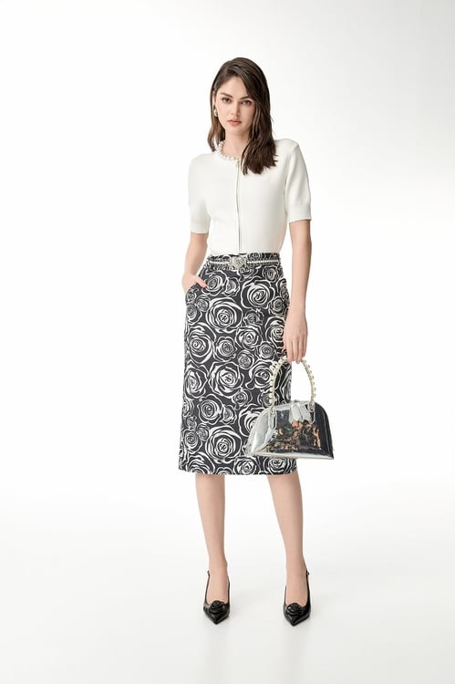 Rose Print Midi Pencil Skirt,Midi skirts