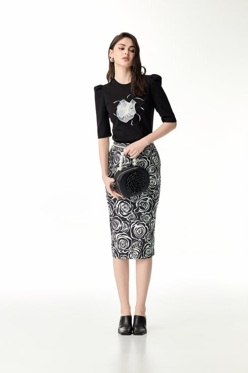 Rose Print Midi Pencil Skirt,Midi skirts