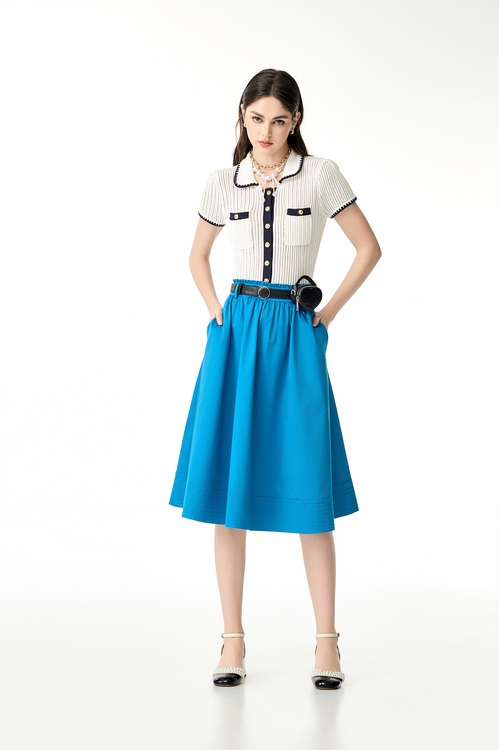 Stitching Detail Blue Midi Skirt,A-Line skirts
