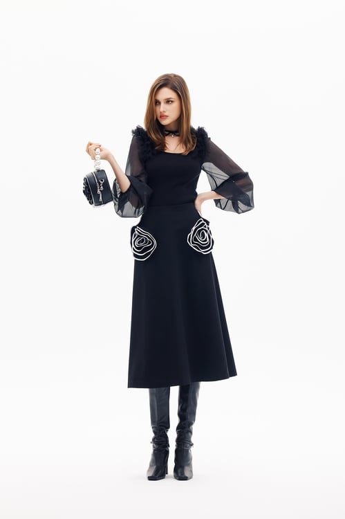 3-D Floral Detail A-line Skirt,,3-D Floral Detail A-line Skirt,Office Looks,Season (SS) Look,Valentine,Midi skirts,Black skirts