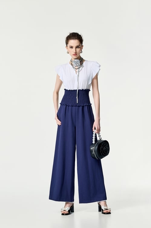 Contrast Colour Elastic Waist Jumpsuit,Jumpsuits