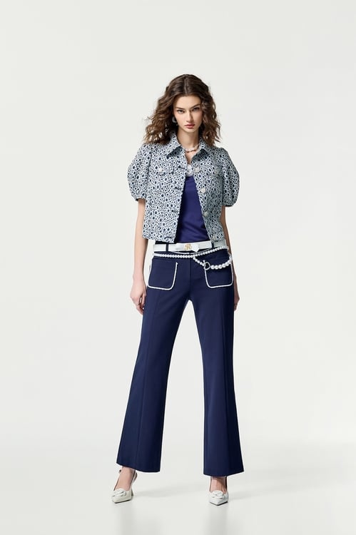 Contrast Trim Detail Navy Pants,Pants