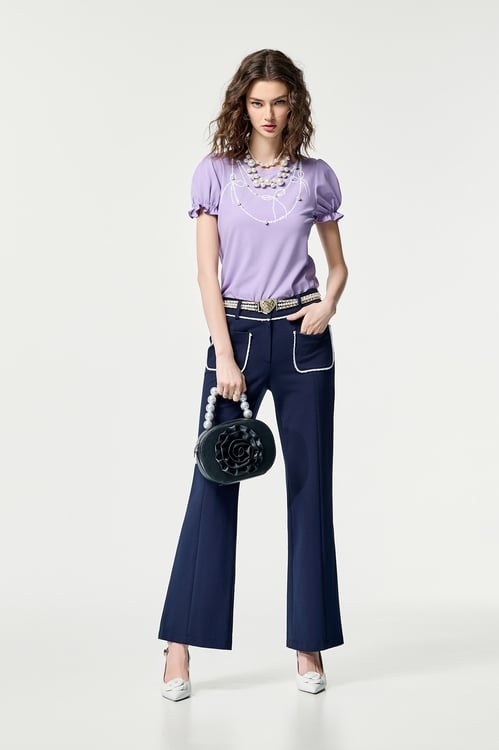 Contrast Trim Detail Navy Pants,Pants