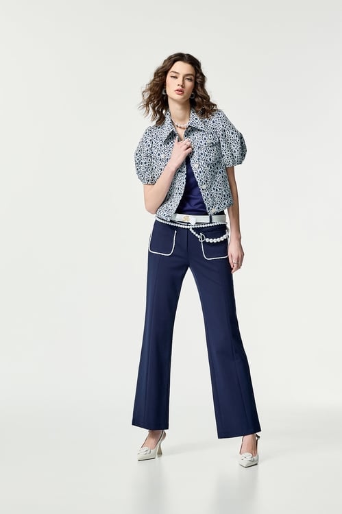Contrast Trim Detail Navy Pants,Pants
