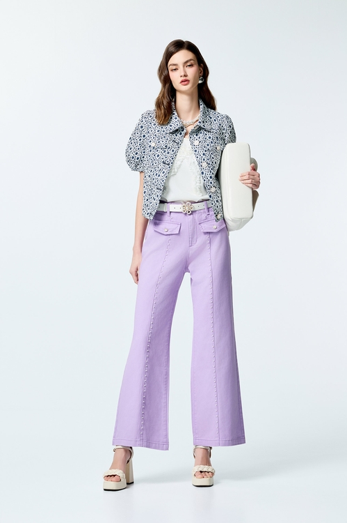 Pearl Detail Purple Jeans,Bell-bottoms,Bell-bottoms,Bell-bottoms