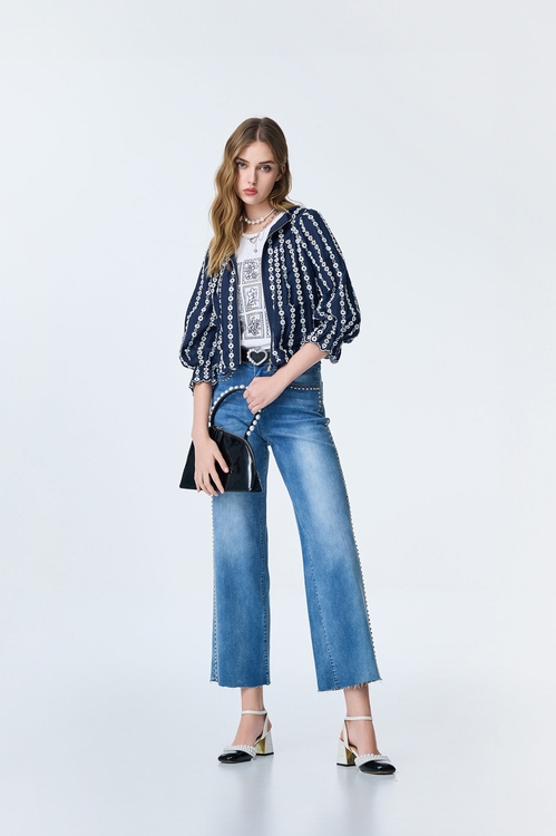 Studded Detail Straight Cut Jeans,Jeans