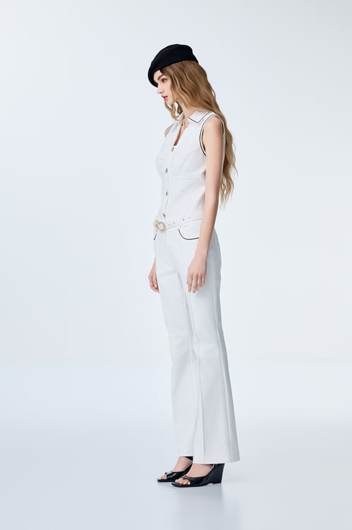 Overlap Belt Loop Boot Leg Pants,White pants,White pants