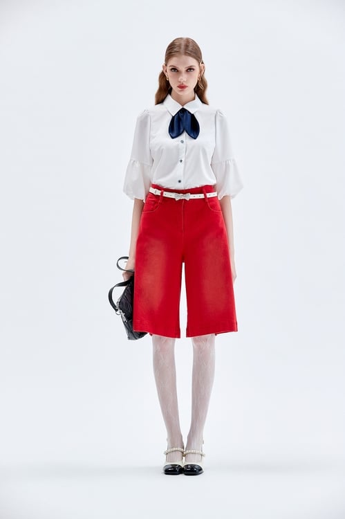 Red Baggy Denim Bermuda Shorts,Season (AW) Look