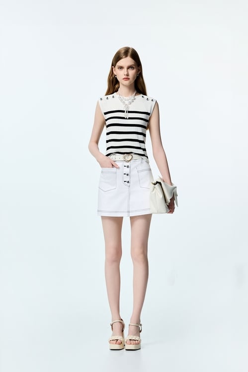 Contrast Stitch Detail White Denim Skorts,White pants,White pants
