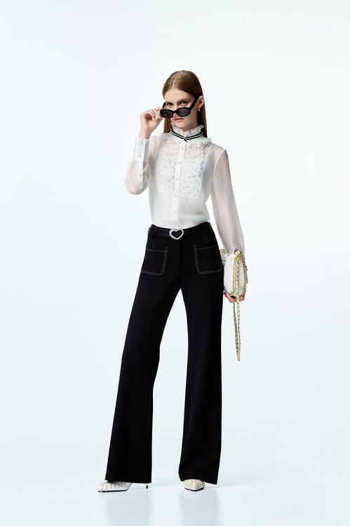 Contrast Pocket Stitch Black Pants,Black pants