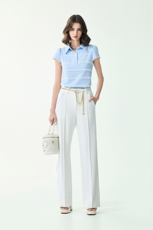 Blue Pocket Trim Detail White Pants,,,sleeveless tops,Tops,Season (SS) Look,sleeveless tops,bows,Knitted,Knitted tops,Jackets,Outerwear,Season (SS) Look,White outerwear,bows,Culottes,Season (SS) Look,White pants,bows,pants